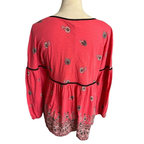 Lucky Brand Floral Boho Coral Tie Neck Keyhole 3./4 Bishop Sleeves Blouse Sz S - Picture 6 of 9